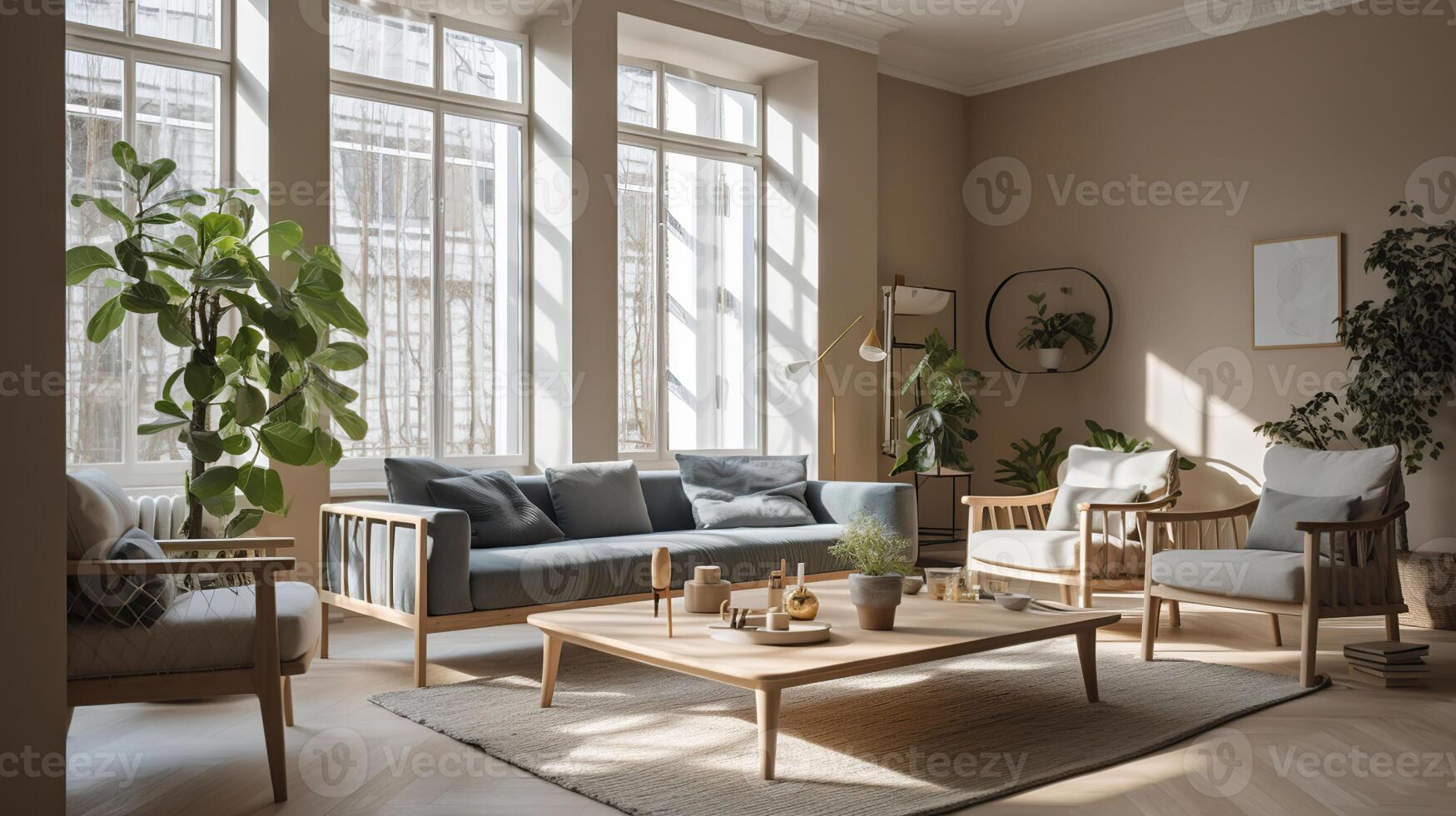 Spacious white room with pattern carpet, sofa and armchair, photo