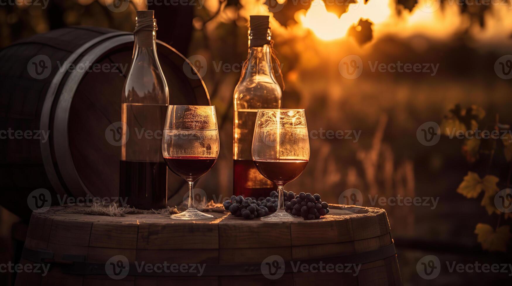 Red wine bottle and wine glass on wodden barrel, photo