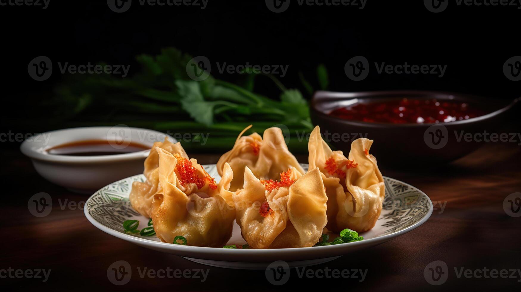 Wonton - oriental profundo frito wontons lleno con gamba y primavera cebolla, servido con bola de masa hervida y chile salsas, generativo ai foto