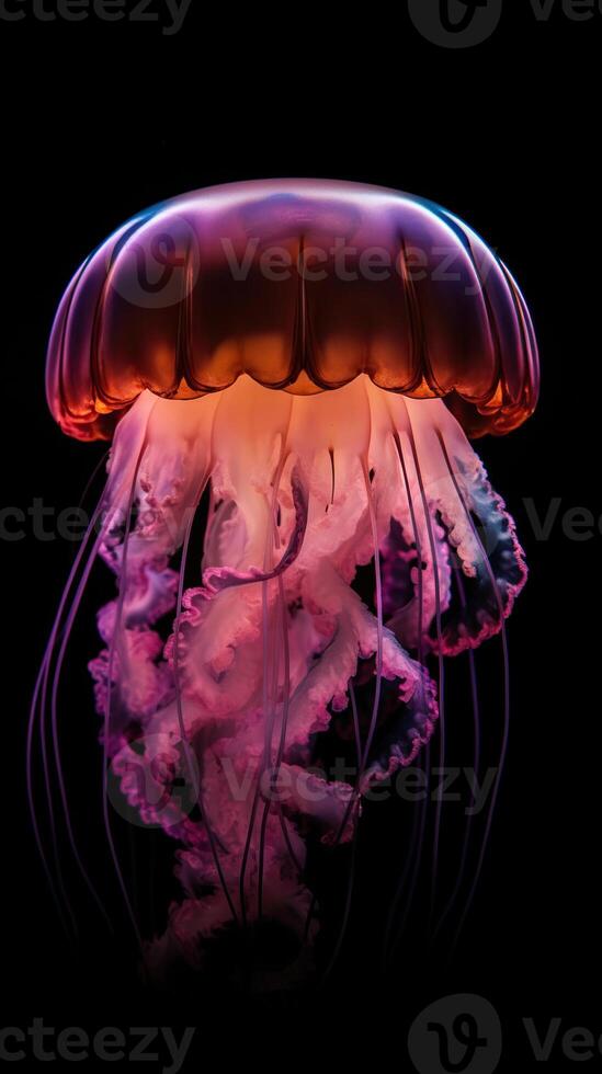 Magical shining jellyfish underwater in the dark, photo