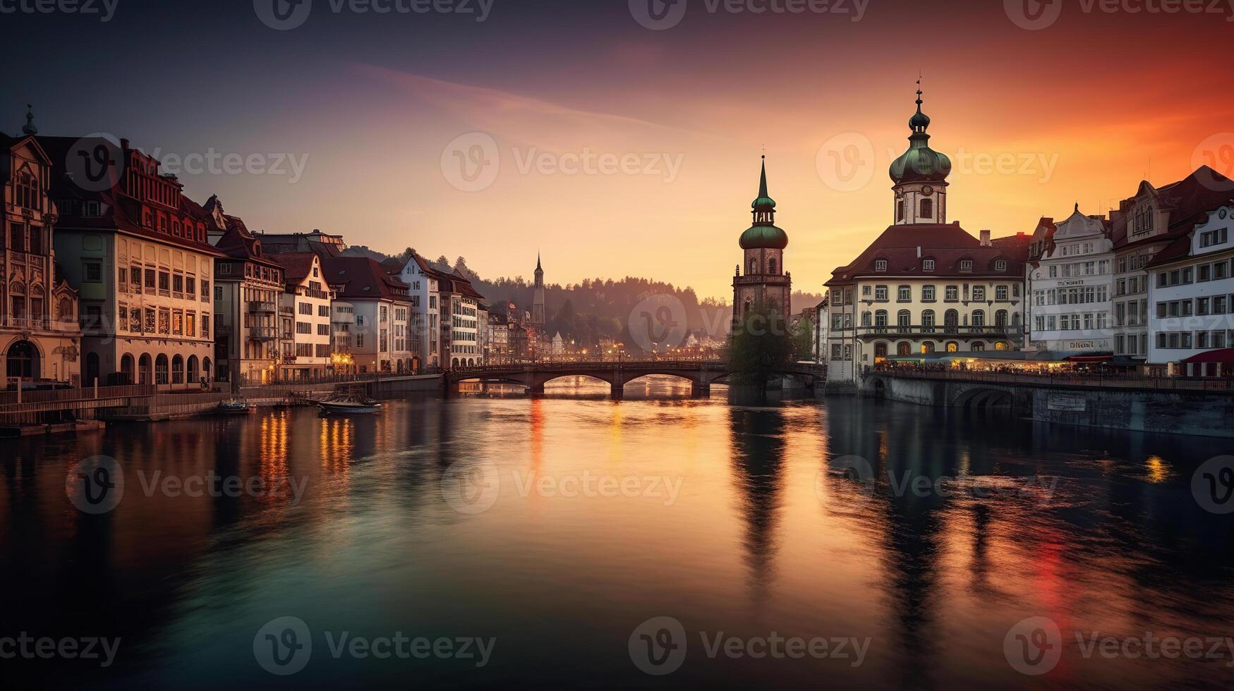 Dramatic scene with river and Jesuit church, Scenic evening panorama view of the Old Town. Wonderful vivid cityscape during sunset, photo