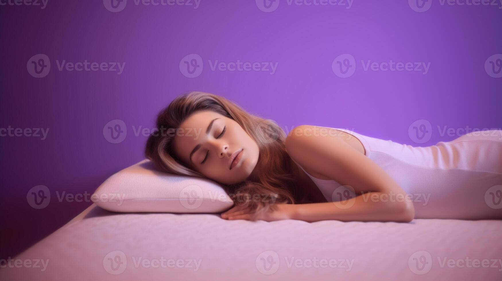 Young woman sleeping on soft mattress against light purple background, photo