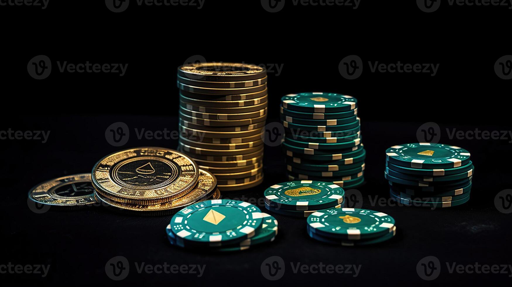 Bitcoin gold coin with poker chips on a green poker table against black background. Blockchain casino. Online gambling, photo