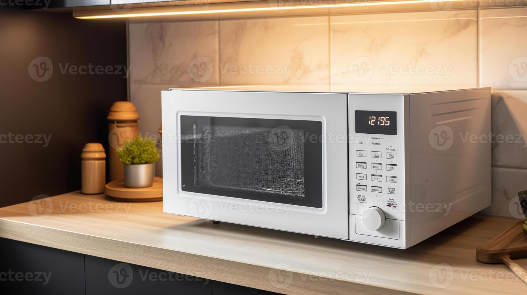 blanco microondas horno en mostrador en cocina, generativo ai foto