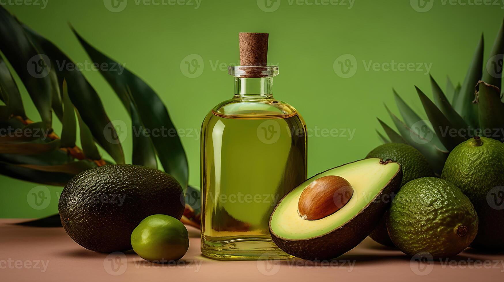 Composition with bottle of essential oil, avocado and aloe leaves on color background, photo