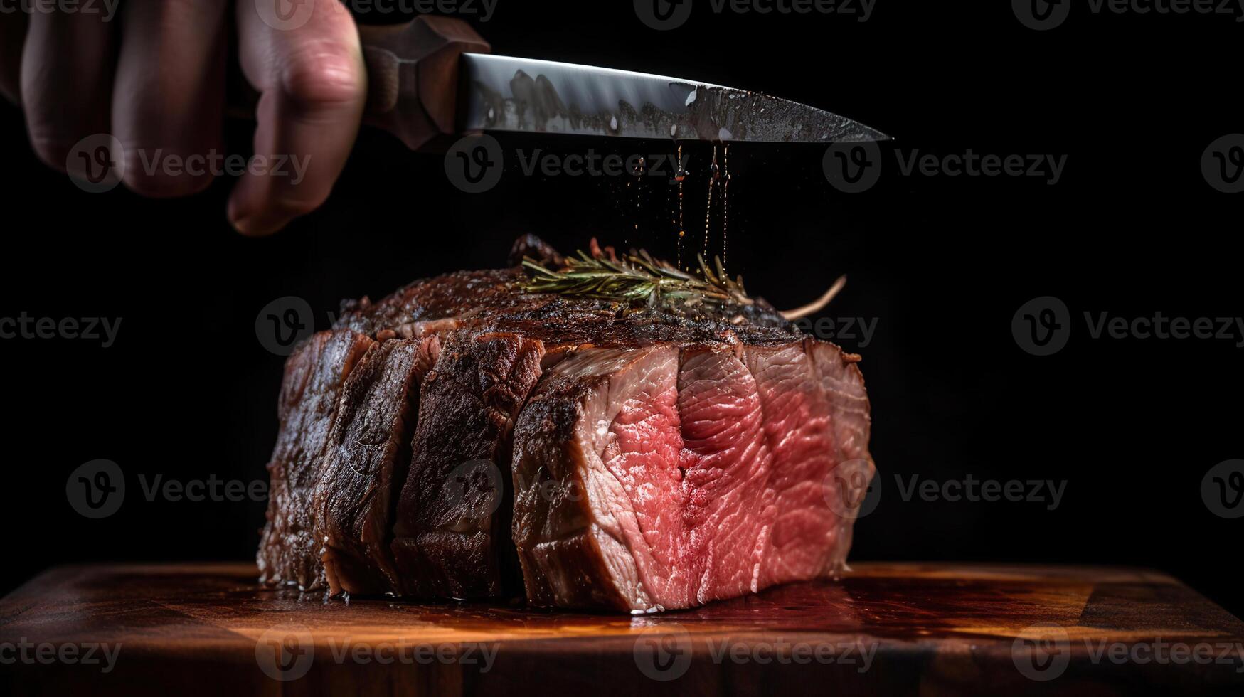 sliceing roasted eye of round beef with knife, photo