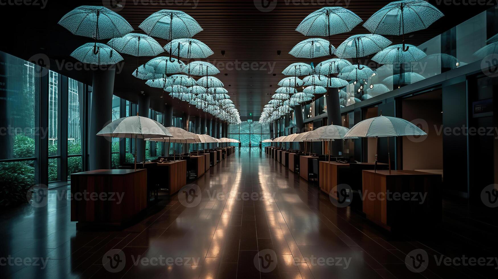 Stylish interior of modern hall with umbrellas, photo