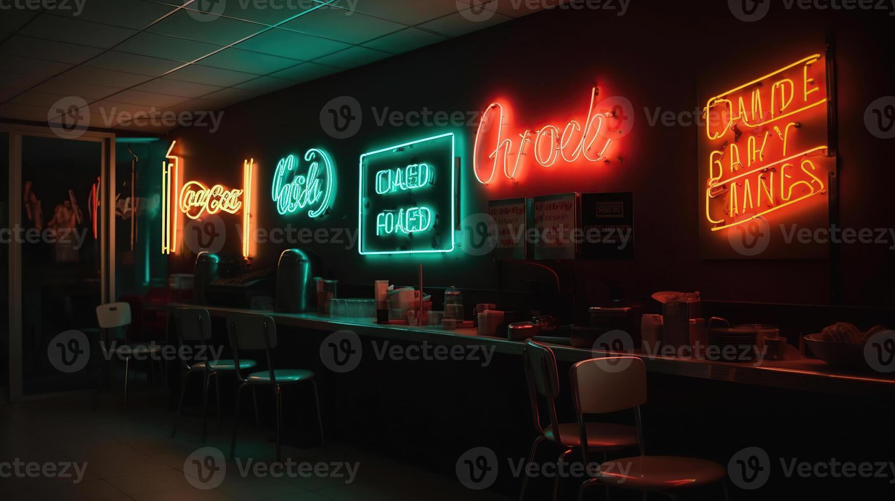 Neon sign on wall in interior of cafe, photo