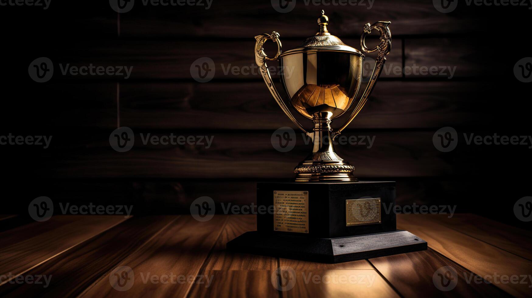 Gold trophy over wooden table and dark background, with abstract shiny lights, photo