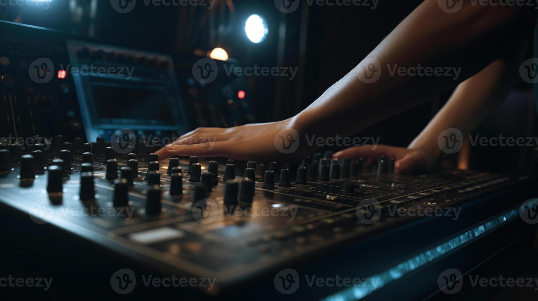 DJ creating music on modern console mixer in night club, photo