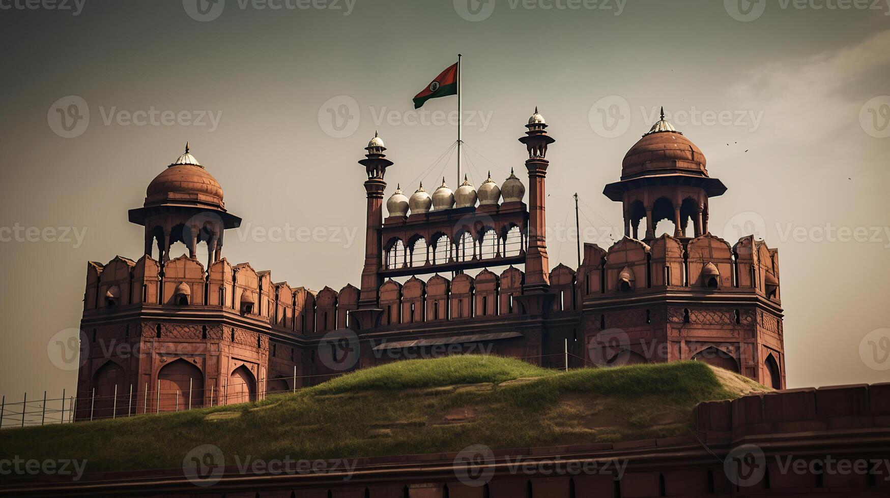 Site heritage World A sky moody with sunset at HIGH FLYING FLAG INDIA WITH DELHI FORT RED, photo