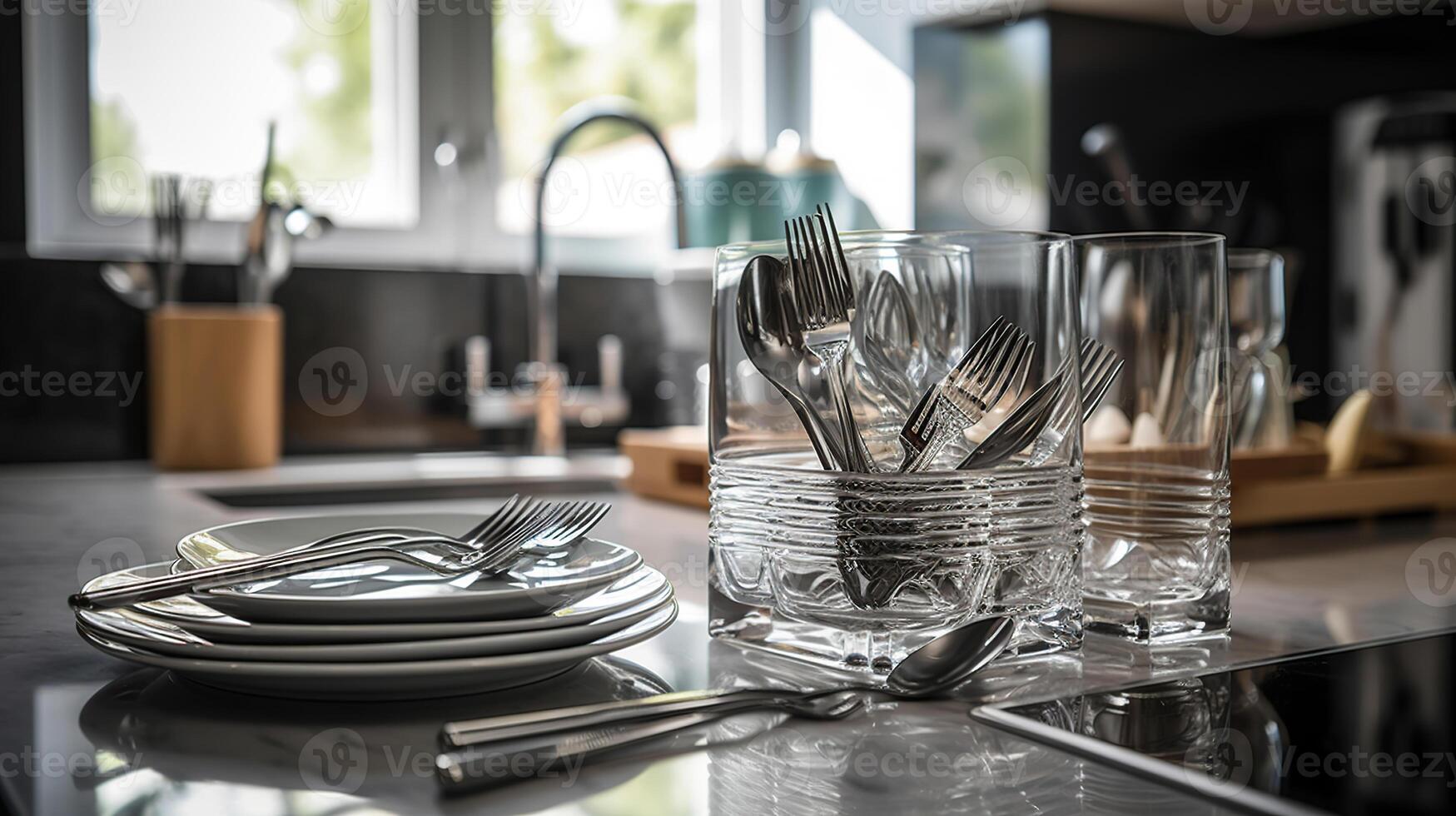 Clean dishware and glasses on white marble table in kitchen, photo