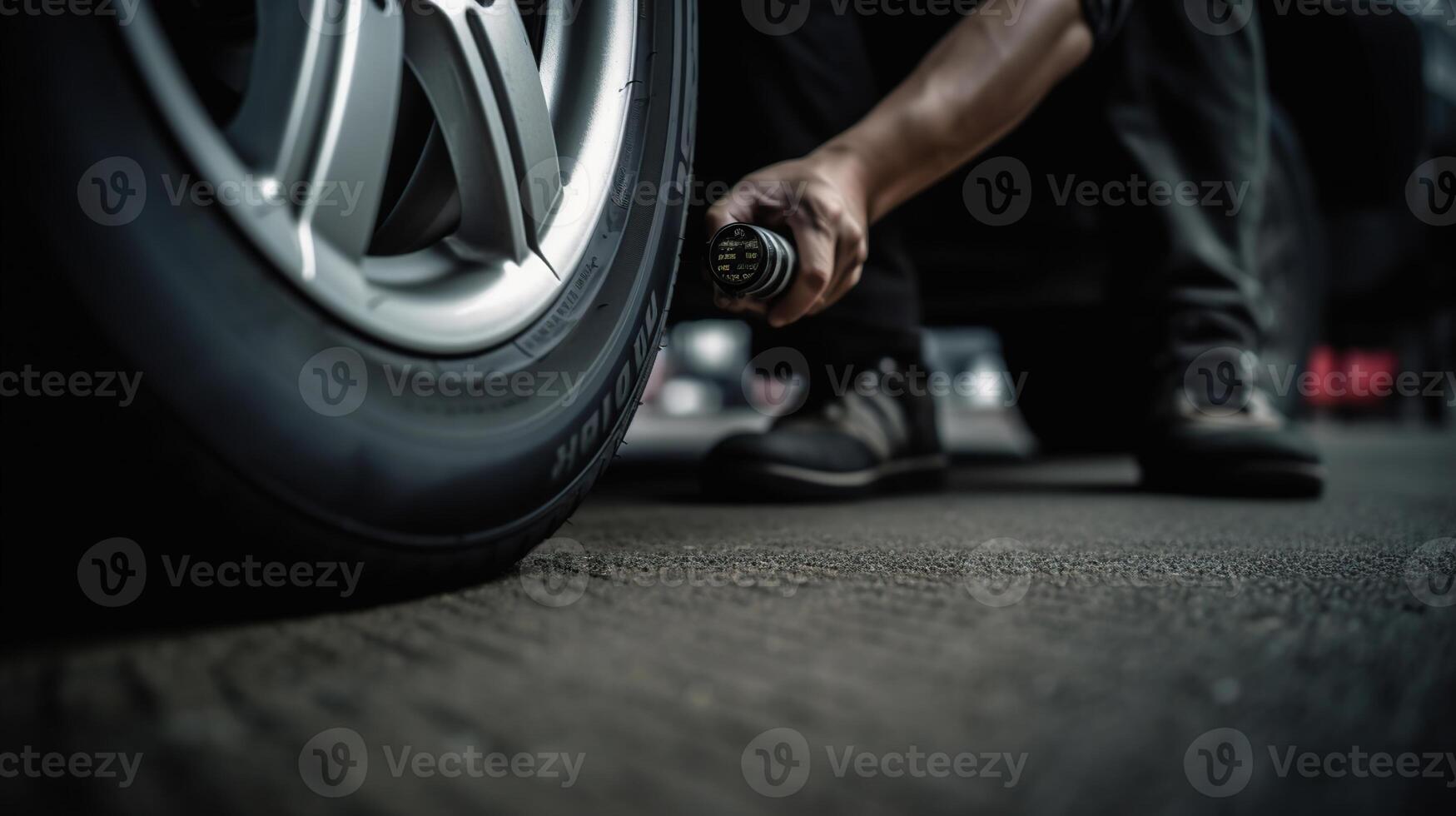 mecánico comprobación neumático huella profundidad y vestir utilizando un neumático indicador, coche mantenimiento concepto, generativo ai foto