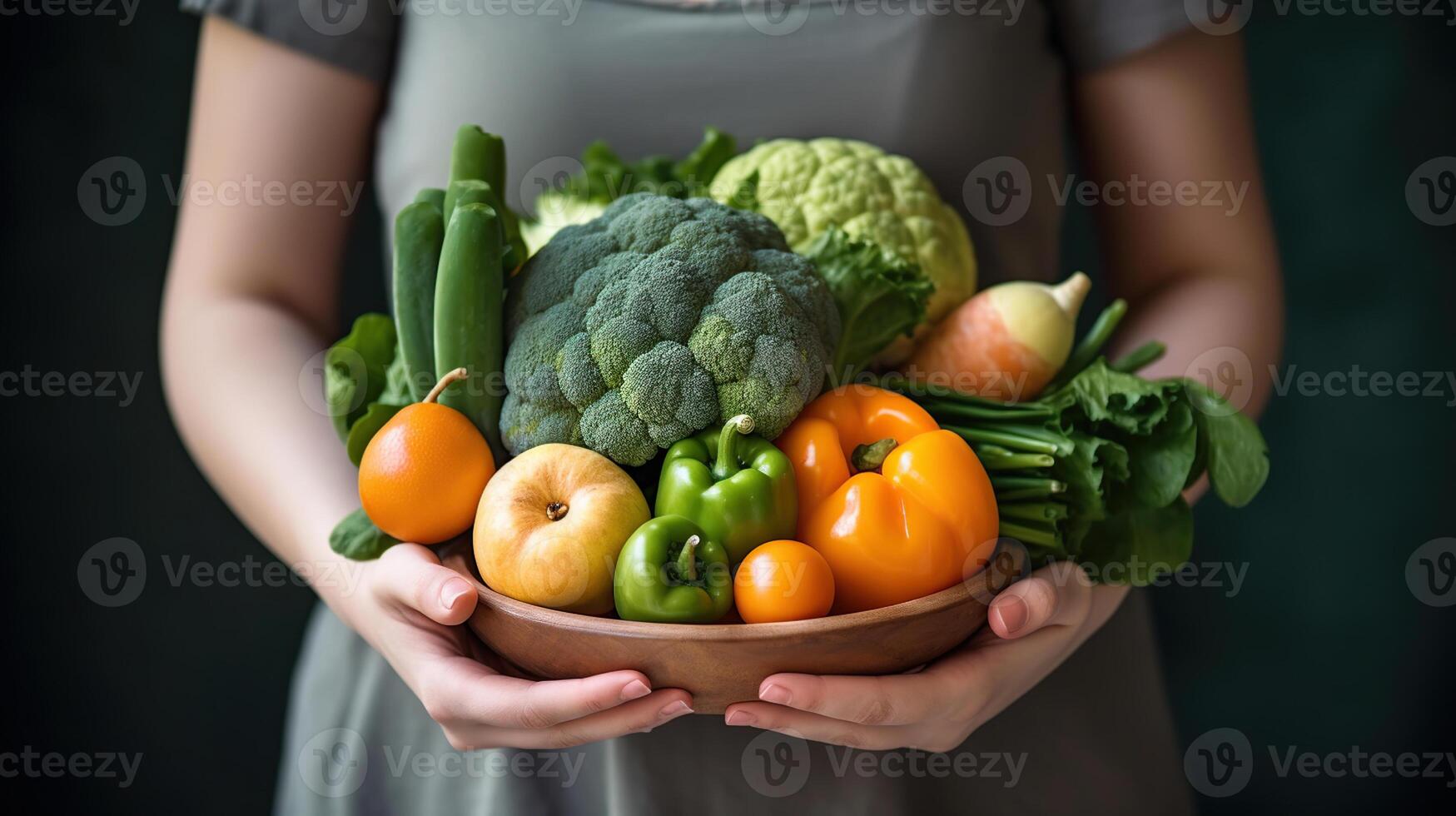 embarazada mujer es participación Fresco vegetales en su mano. el concepto de sano comiendo durante el embarazo. salud cuidado durante parto, generativo ai foto