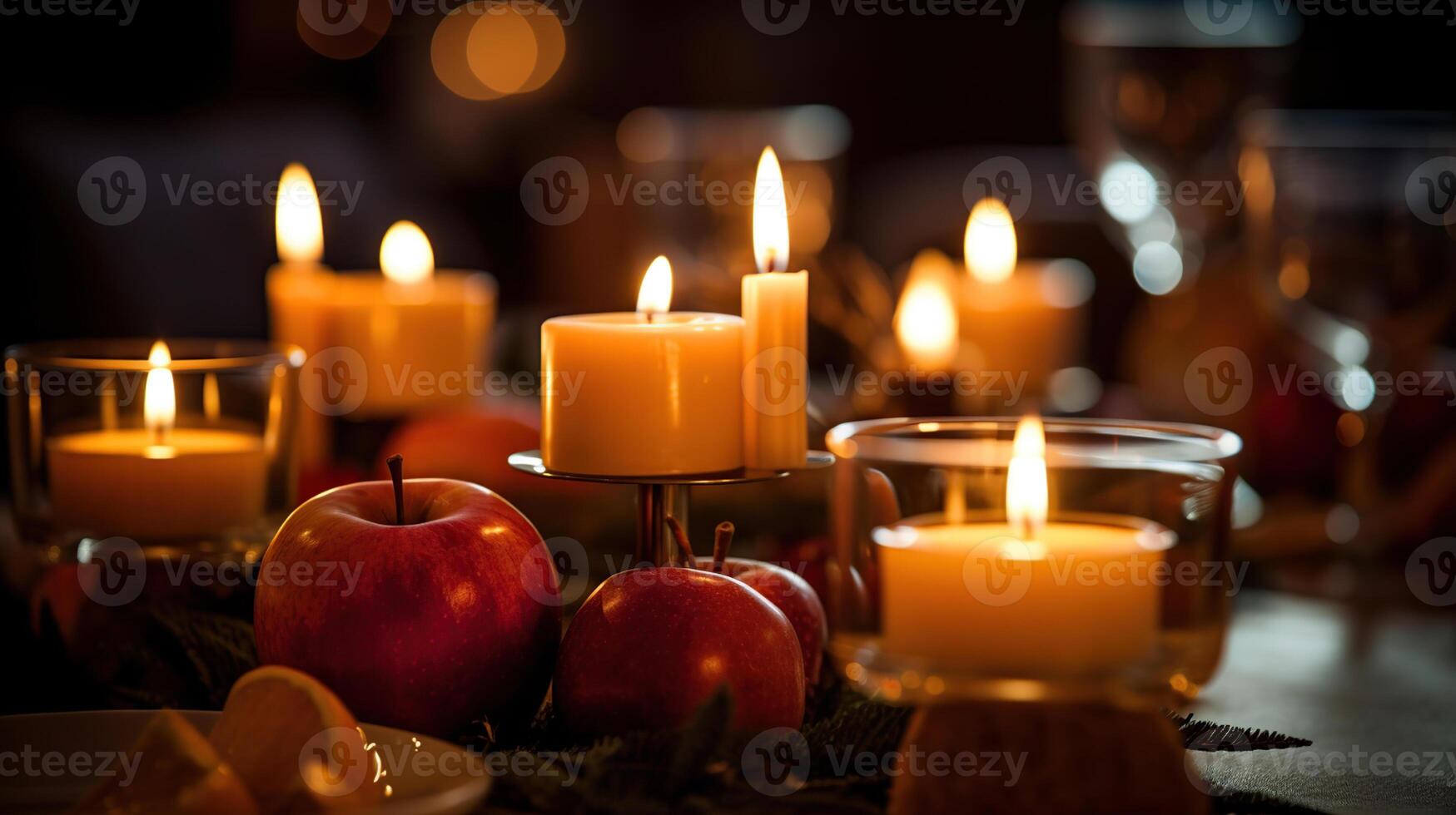 Lighted candles stand on the festive served dinner table, . photo