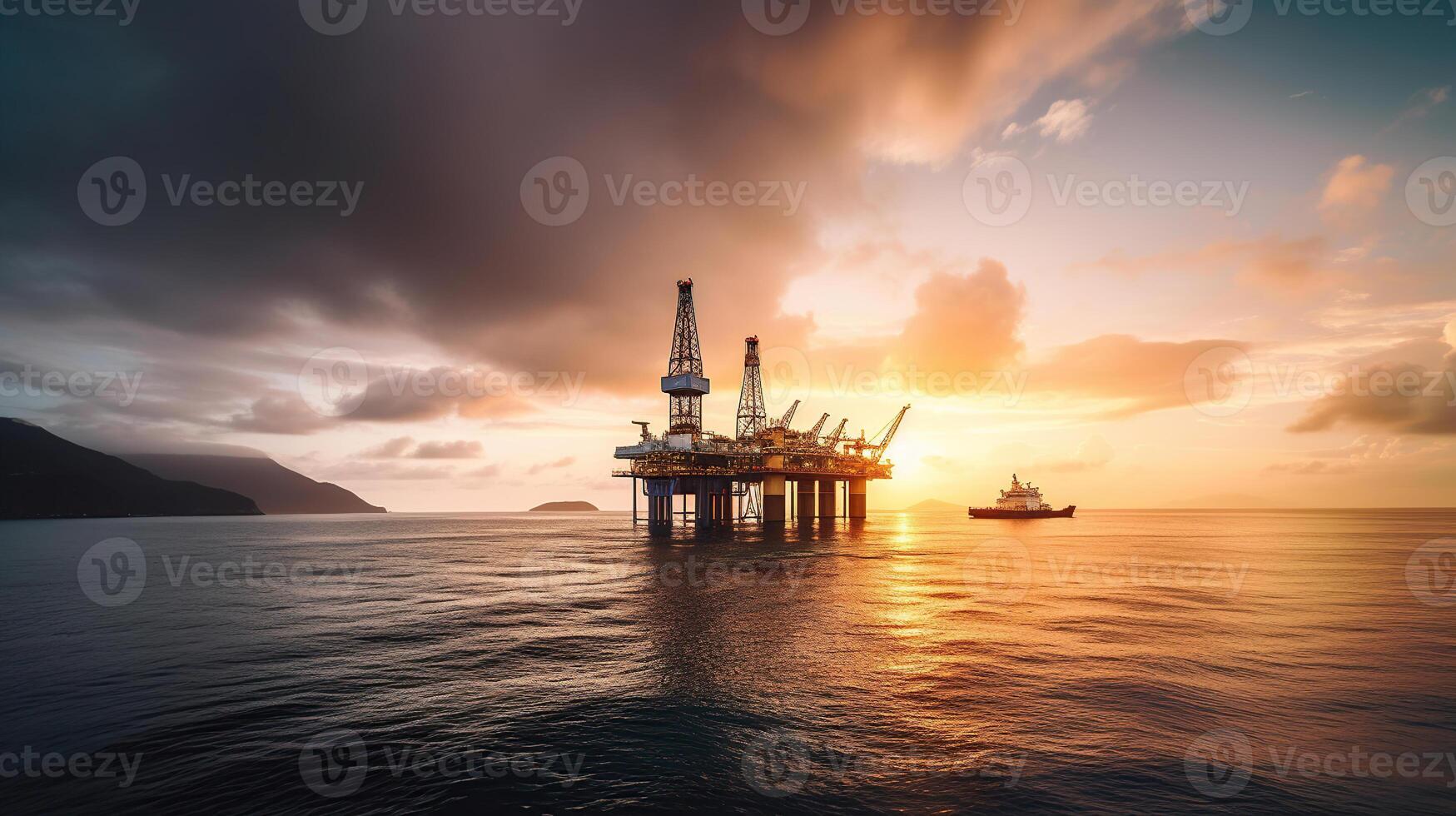 Offshore oil and rig platform in sunset or sunrise time. Construction of production process in the sea, photo
