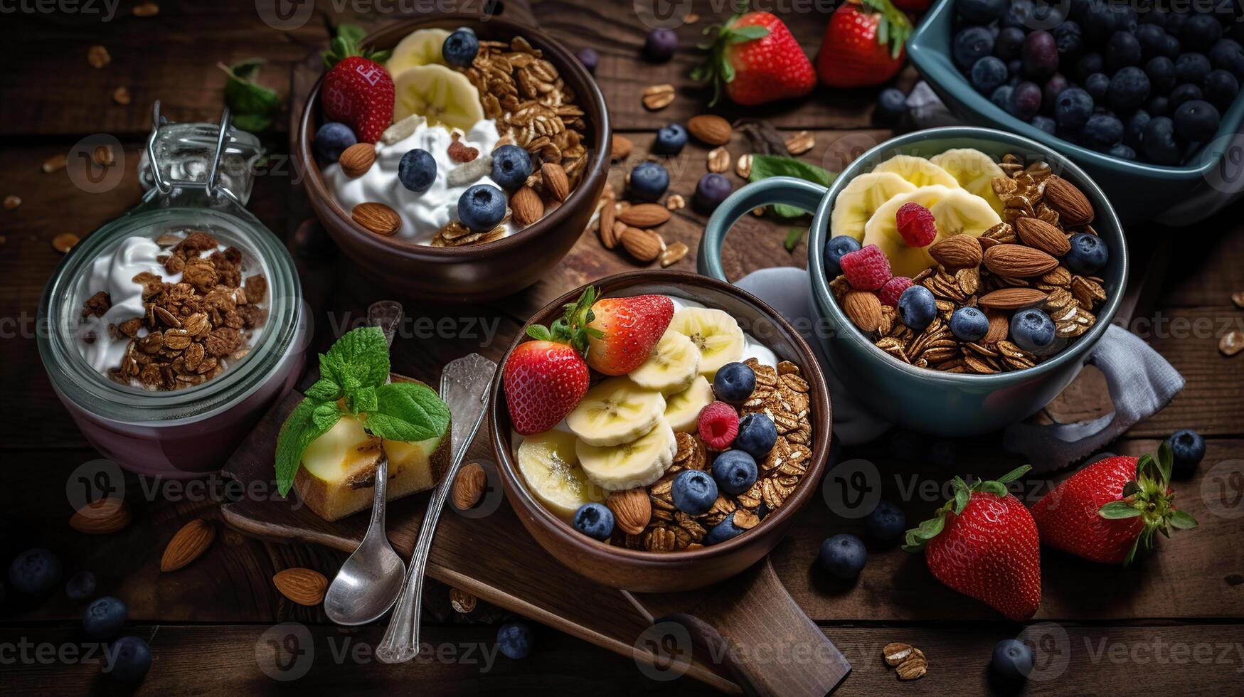 Homemade granola with nuts and raisins, kiwi, blueberries, banana, strawberries and plain yogurt, photo