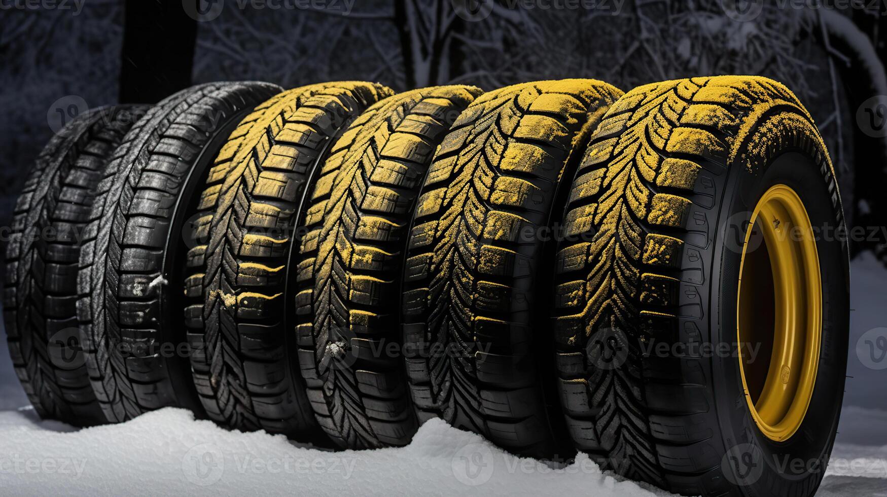 Winter car tires. Group of tires for winter, photo