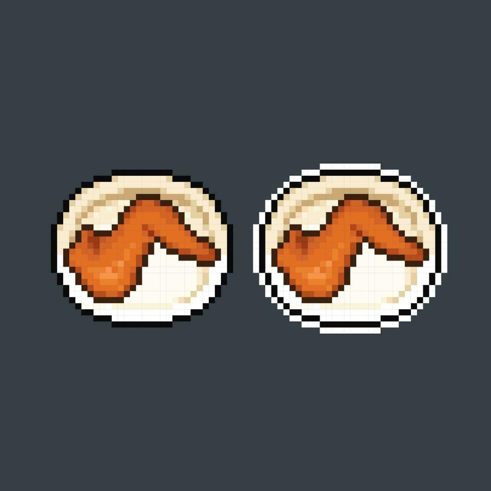 fried chicken wing on the plate in pixel art style vector