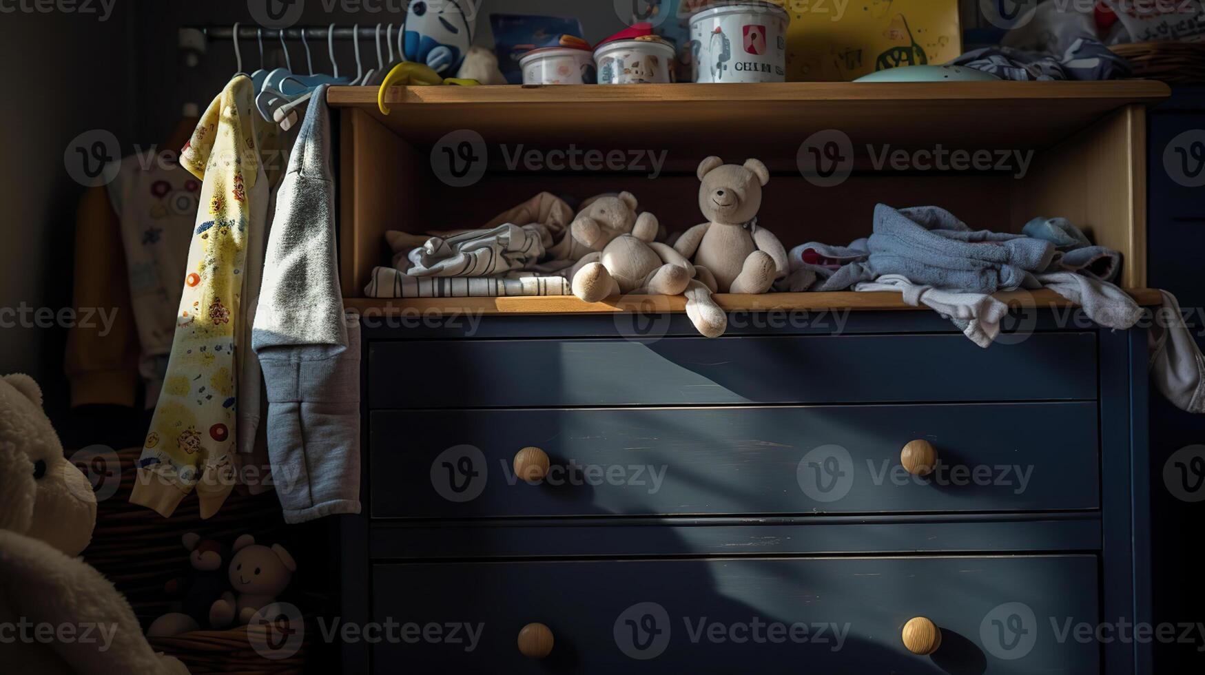 Baby clothes and rattle on wooden chest of drawers in childrens room, photo