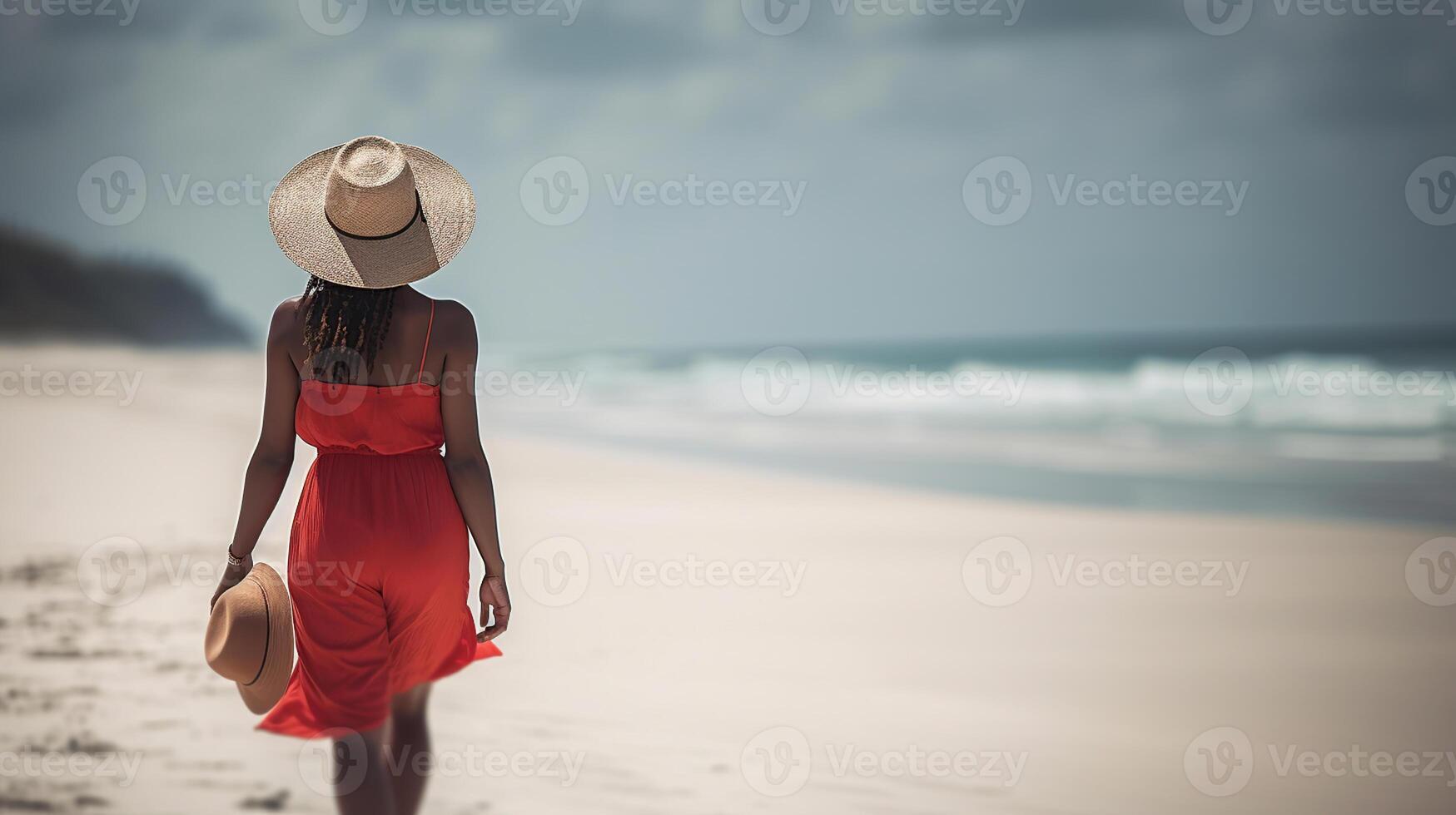 Luxury beach vacation elegant tourist woman walking relaxing in red beachwear and sunhat on white sand Caribbean beach with back view. Lady tourist on holiday vacation resort, photo