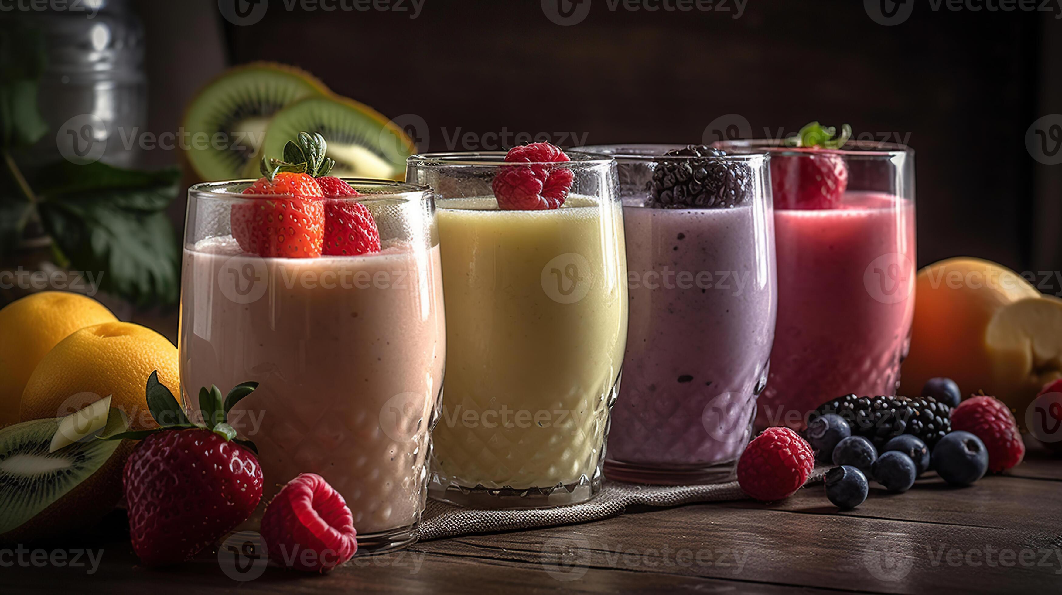 Fresh fruit smoothies closeup food photography, low angle, 23330887