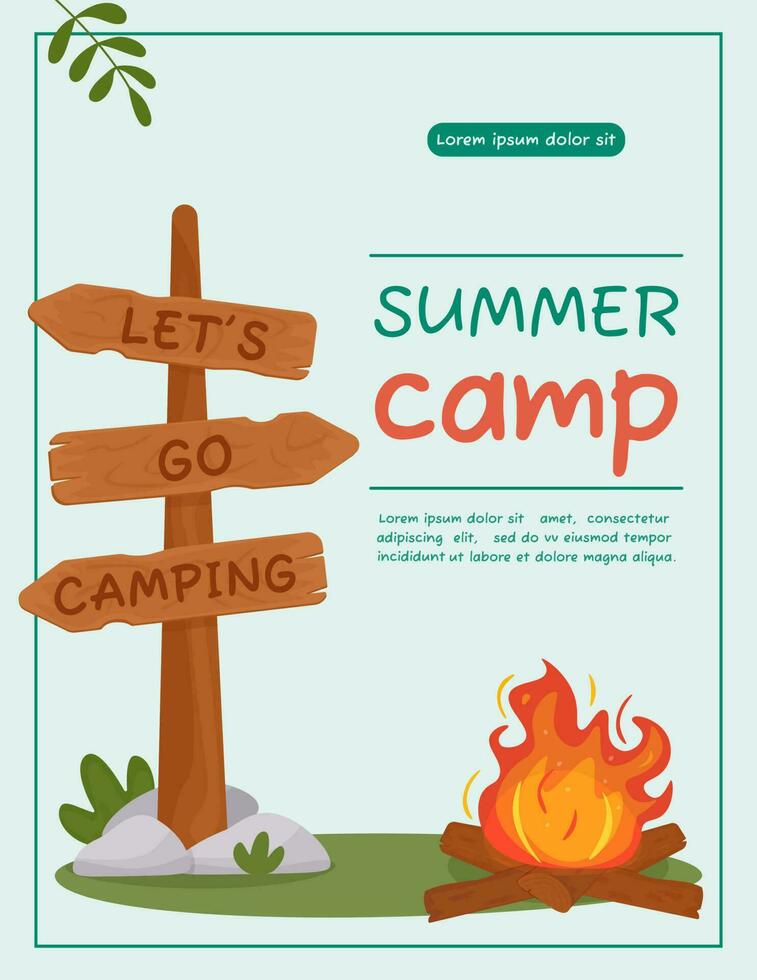 A4 poster for summer camping, travel, trip, hiking, tourist, nature, travel, picnic. Design of a poster, banner, leaflet, cover, special offer, advertisement. Vector illustration in a flat style.
