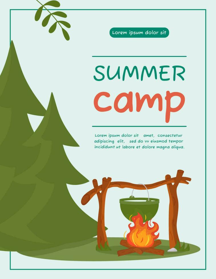 A4 poster for summer camping, travel, trip, hiking, tourist, nature, travel, picnic. Design of a poster, banner, leaflet, cover, special offer, advertisement. Vector illustration in a flat style.