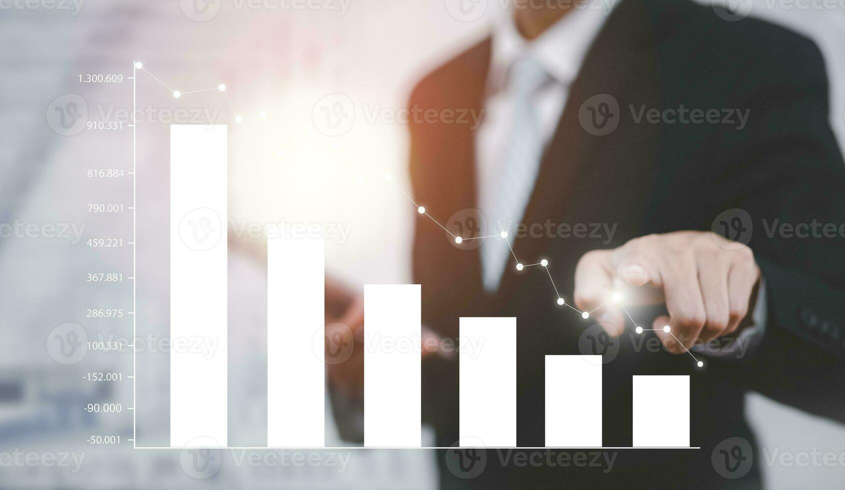 Businessman hand touch bar graph of analytics and financial, Changes in new planning, Business growth, ideas and perspectives, Stock investment, and dividends yield from business and stock market. photo