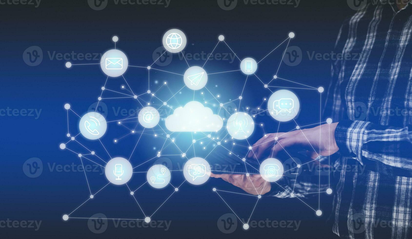 Businessman holding tablet connect to data information on the cloud icon computing network, Backup Storage Data Internet, networking and digital, Share global, and technology, concept. photo