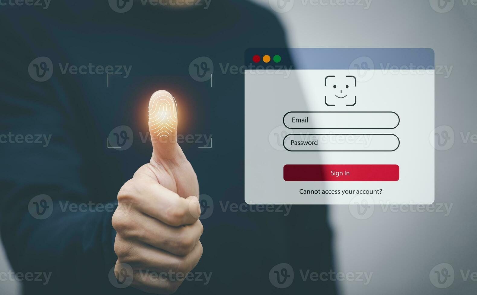 Man touching fingerprint of Security password login online concept  Hands typing and entering username and password of social media, log in with smartphone to an online bank account, data protection. photo