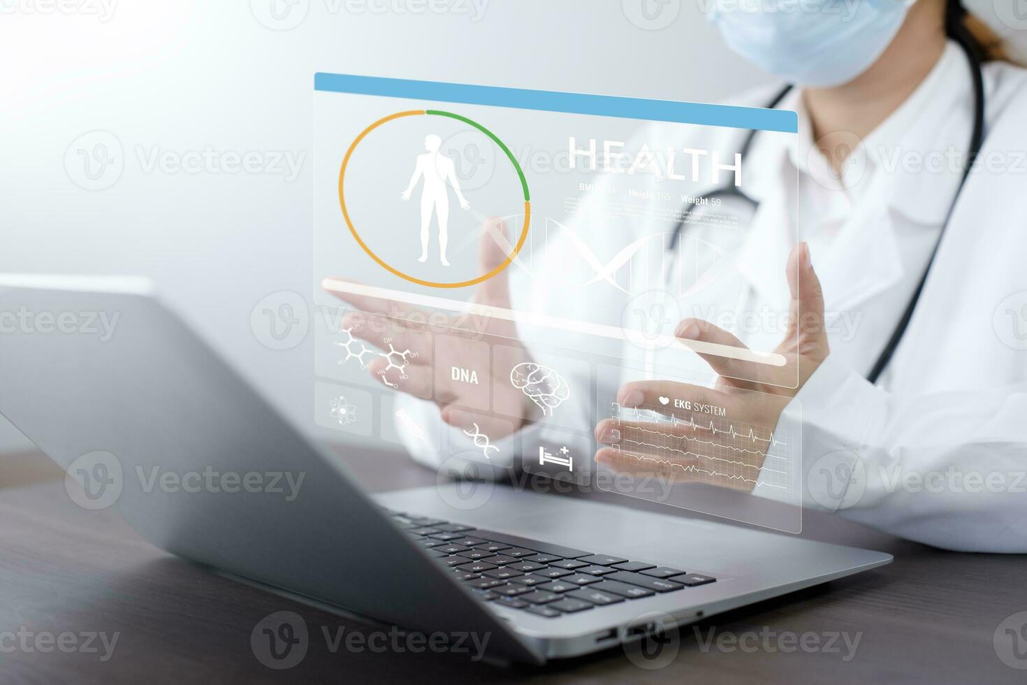 Medical doctor and medical technology and futuristic concept, Doctor using laptop and health medical network connection icon on virtual screen interface, Modern medical technology and innovation. photo