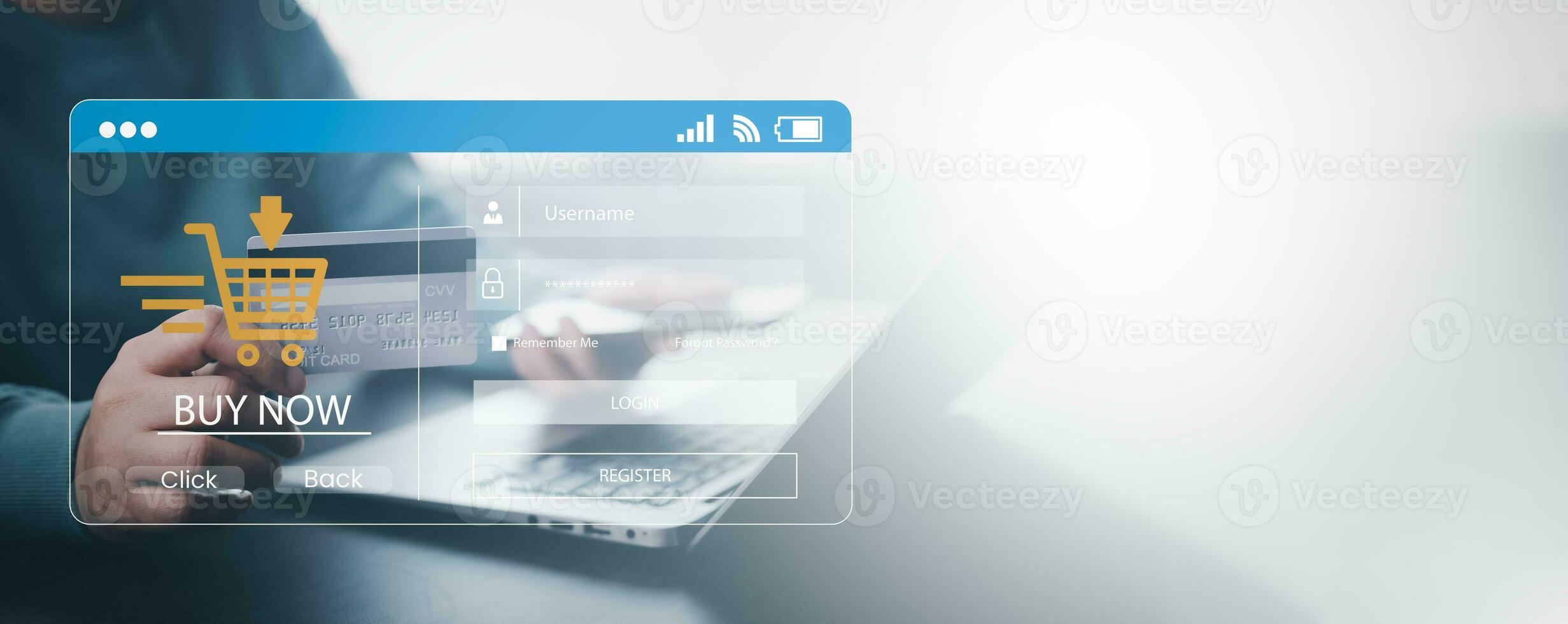 Businessman using a laptop with online shopping concept, marketplace website with virtual interface of online Shopping cart part of the network, Online shopping business with selecting shopping cart. photo