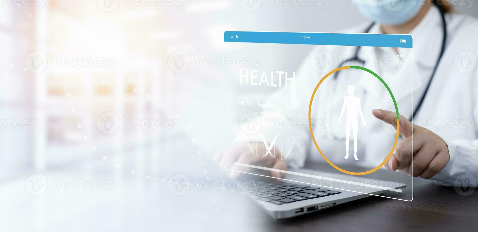 Medical doctor and medical technology and futuristic concept, Doctor using laptop and health medical network connection icon on virtual screen interface, Modern medical technology and innovation. photo