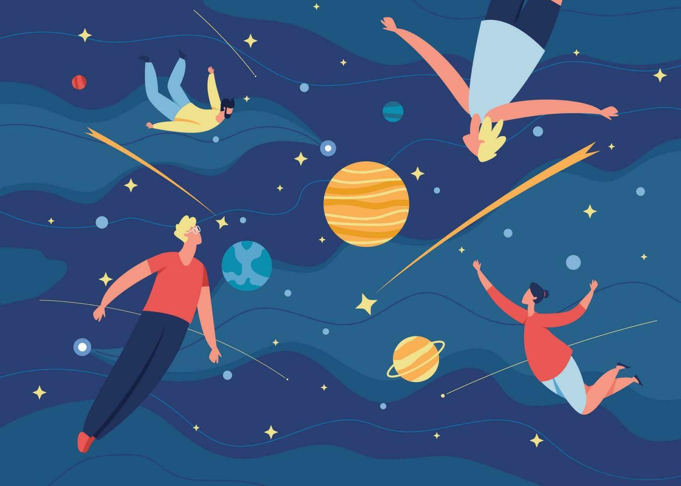 People flying in space, characters floating in zero gravity. Men and women fly in dreams, imagination, creative exploration vector illustration