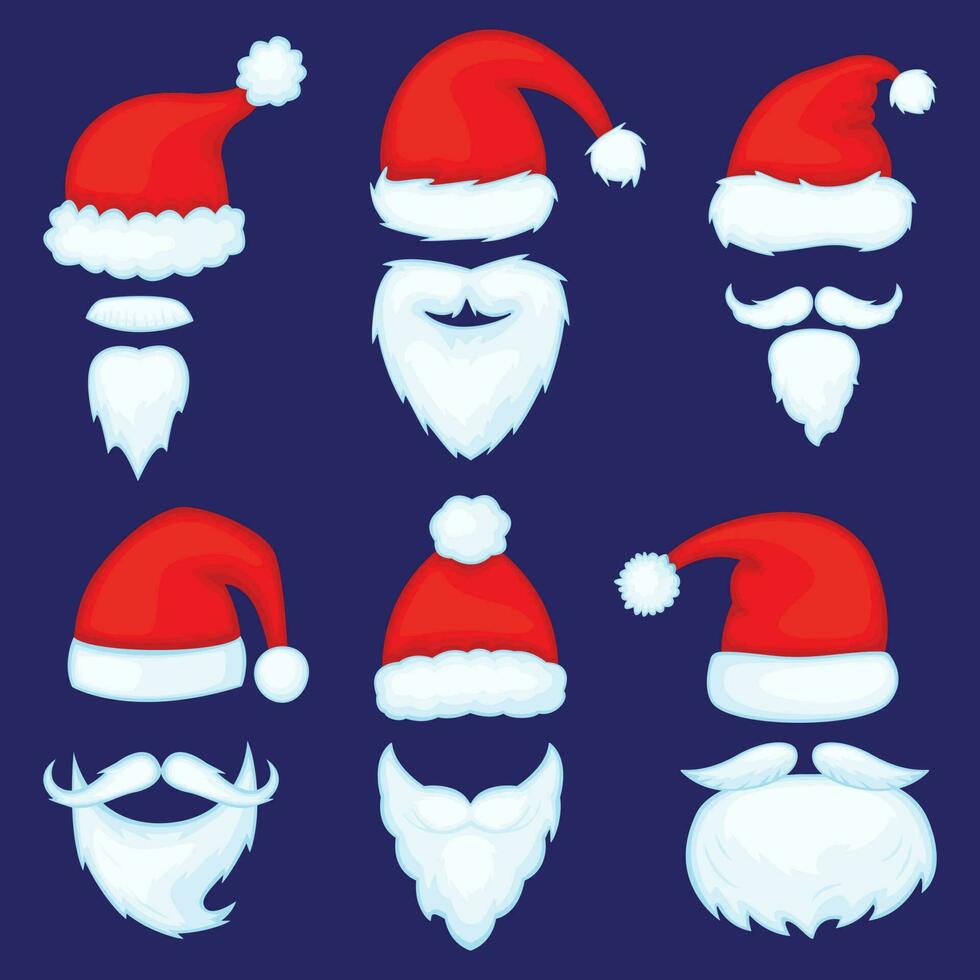 dibujos animados Navidad Papa Noel claus sombreros con barbas o bigotes rojo santas gorra, barba Navidad foto cabina mascarilla, nuevo año disfraz accesorio vector conjunto