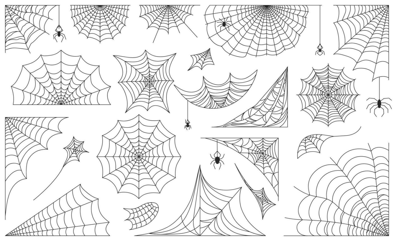 Víspera de Todos los Santos araña web, negro telaraña marcos, fronteras y esquinas de miedo telaraña con arañas, decorativo telarañas silueta vector conjunto