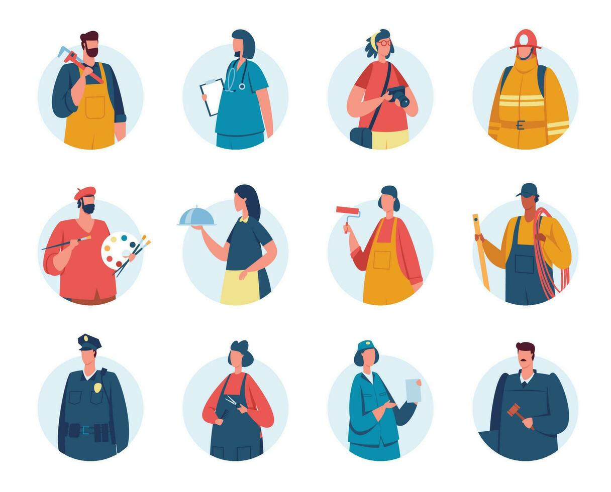 Professional workers avatars, portraits of people with various occupations. Firefighter, policeman, nurse, engineer, waiter avatar vector set