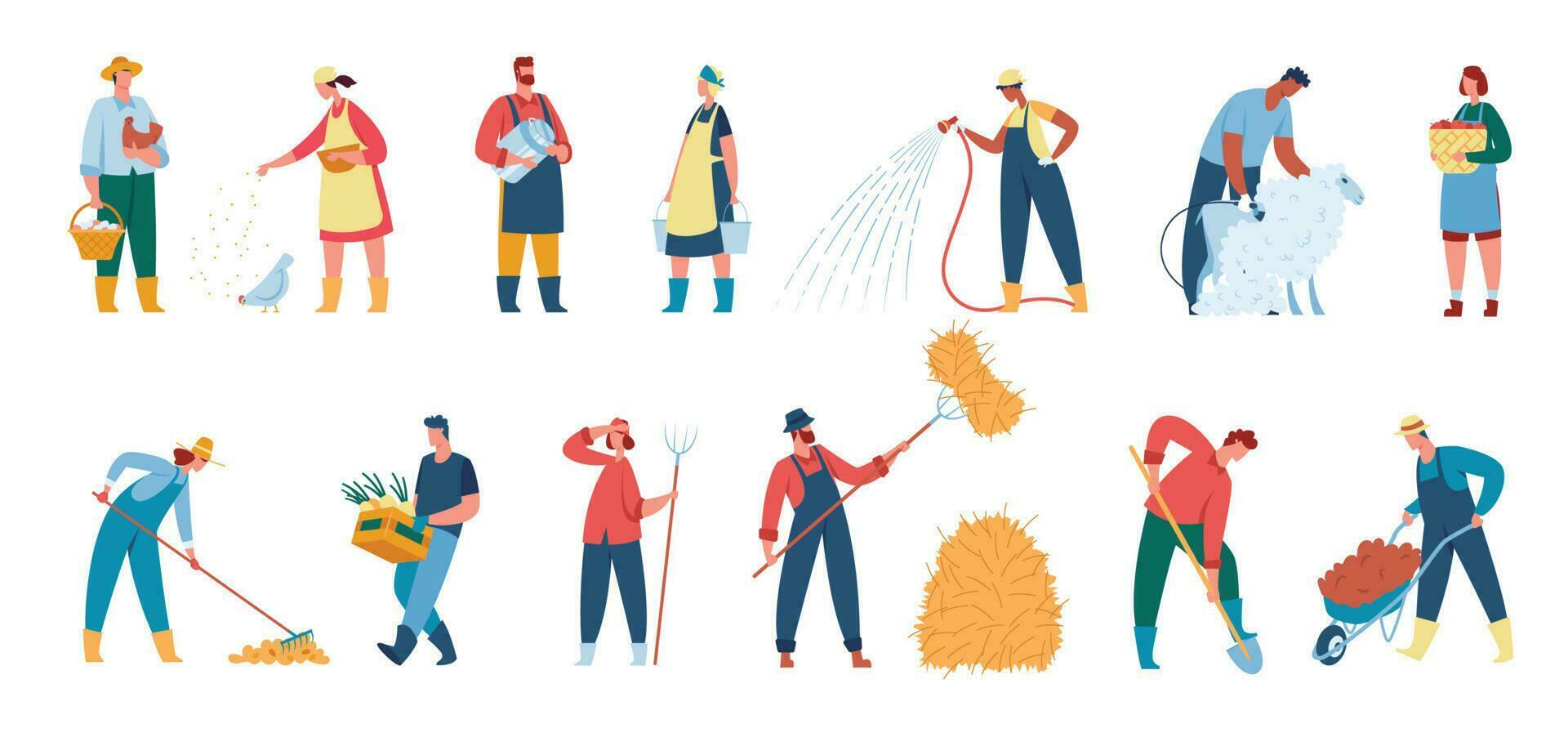 Farmers working at farm, agricultural workers and gardeners with tools. Farmer watering plants, harvesting crops, gardening vector set