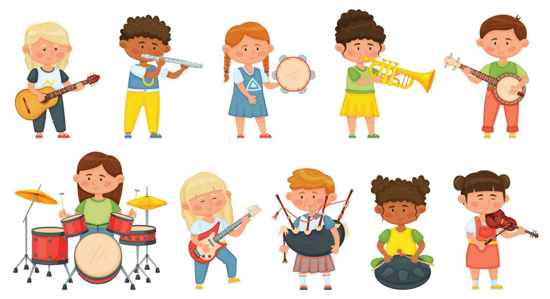 niños jugando musical instrumentos, niños orquesta música pasatiempo. linda Niños y muchachas músicos jugando en guitarra, batería, violín vector conjunto