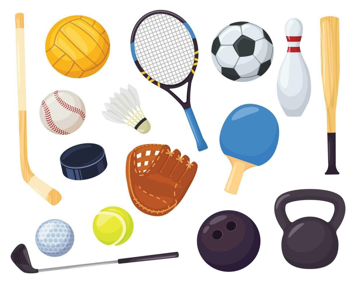 Cartoon sports equipment, different ball games elements. Baseball bat, bowling pin, hockey stick. Sport recreation activity item vector set