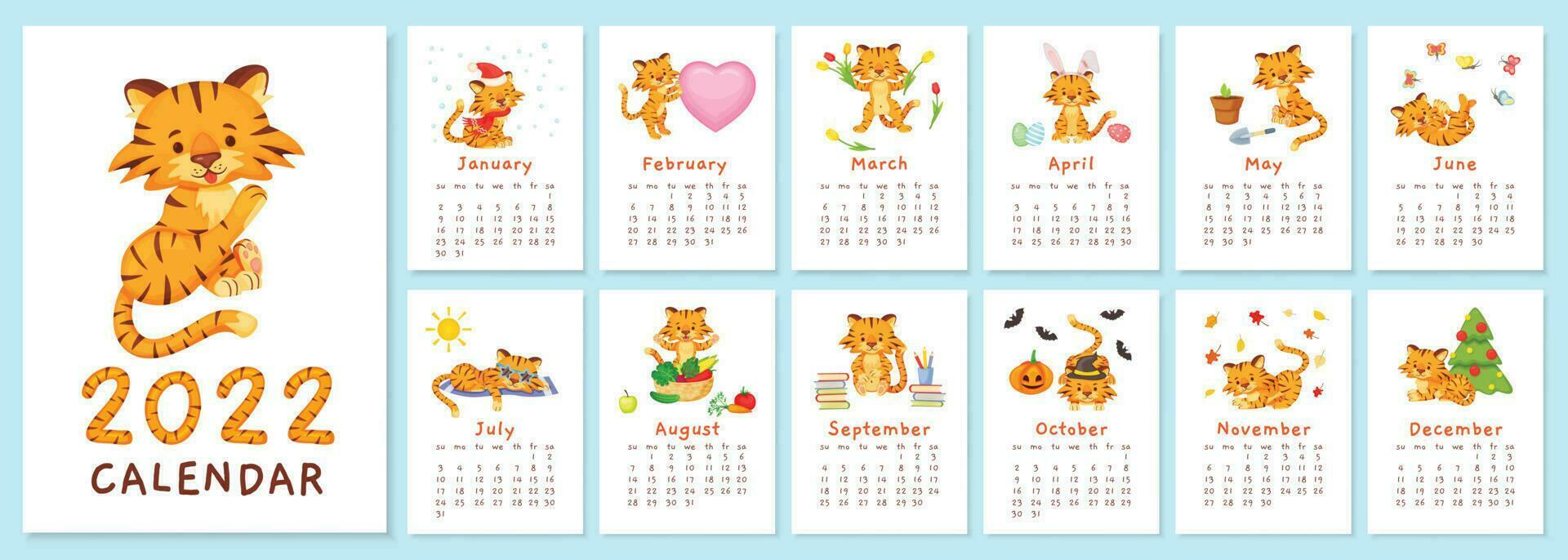 Cute tigers 2022 calendar, chinese new year tiger symbol. Cartoon happy baby animal characters in different months planner Vector template