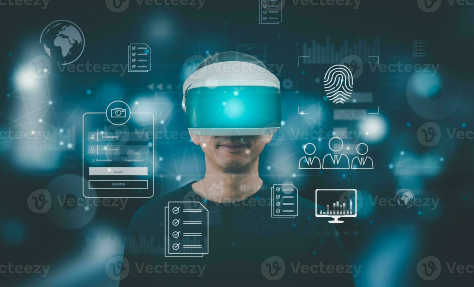 Man wearing VR glasses virtual Global Internet connection metaverse networking, sharing download and upload,online documentation database and process automation to efficiently manage files technology. photo