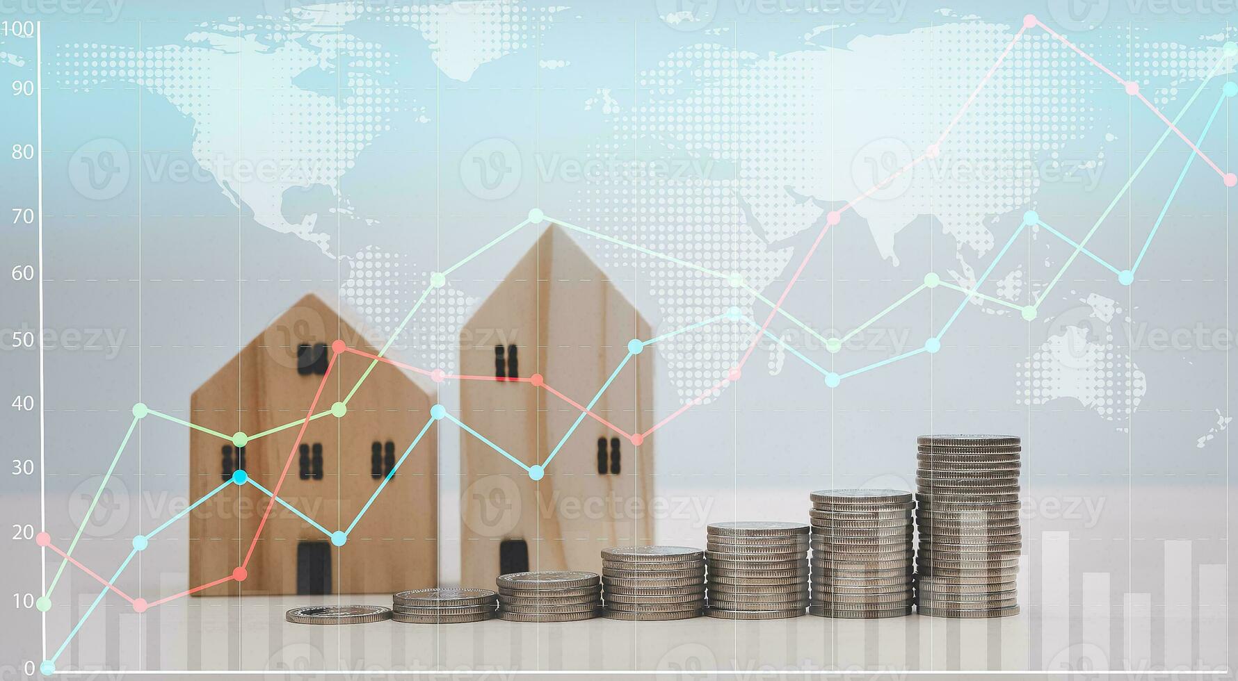 Wooden Home on coins stack in front a lot of coins, Save money concept, Property investment, house loan, reverse mortgage, gold coins money stack growth, saving money coins stack future for home photo