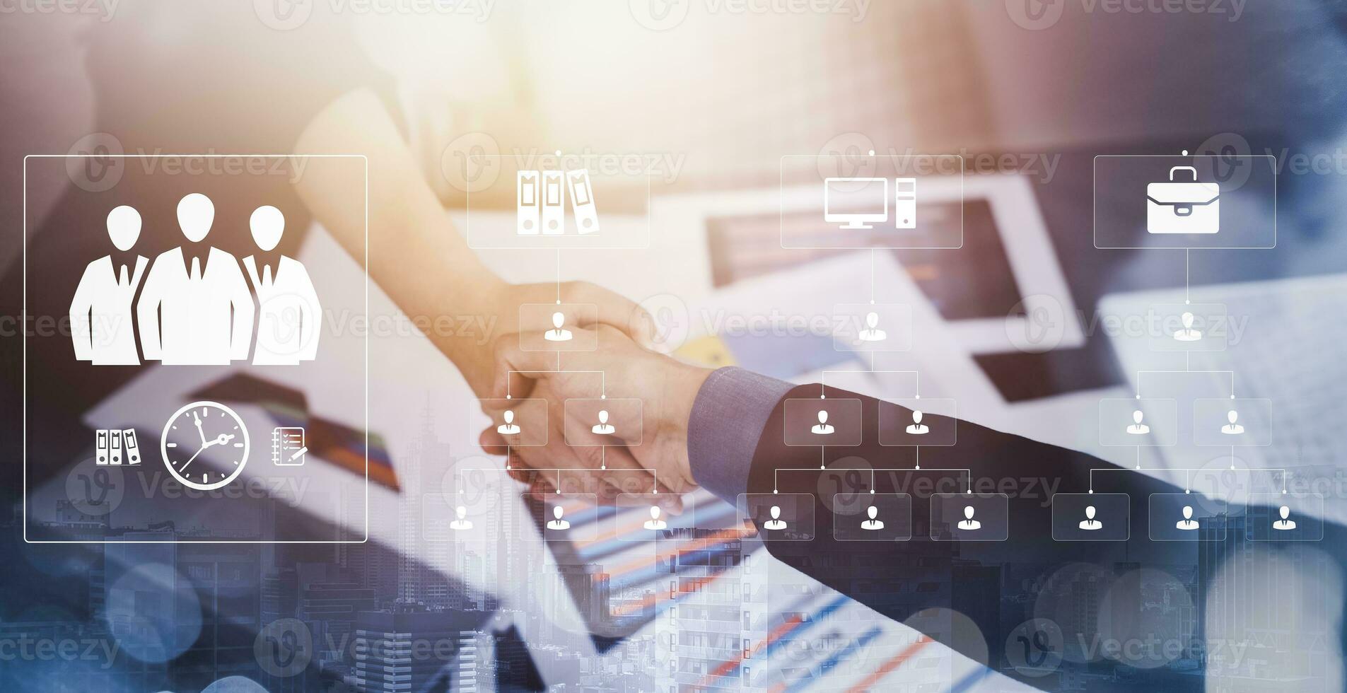 Double exposure of business Partner handshake between a man and a woman on blue sky background, business deal, handshake on modern blue background, Teamwork,support. Solidarity, compassion, photo