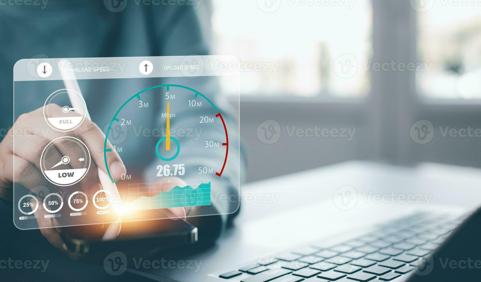 Fast internet connection with Metaverse technology concept, Programmer people working  laptop with Virtual screen of Internet speed measurement, Internet and technology concept, 6G High-speed internet photo