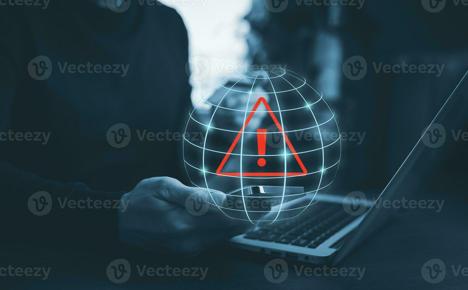 notification error and maintenance with triangle caution warning sign for notification error, Programmer using laptop with triangle caution warning sign, hacker attacks , cyber crime, cyber security photo
