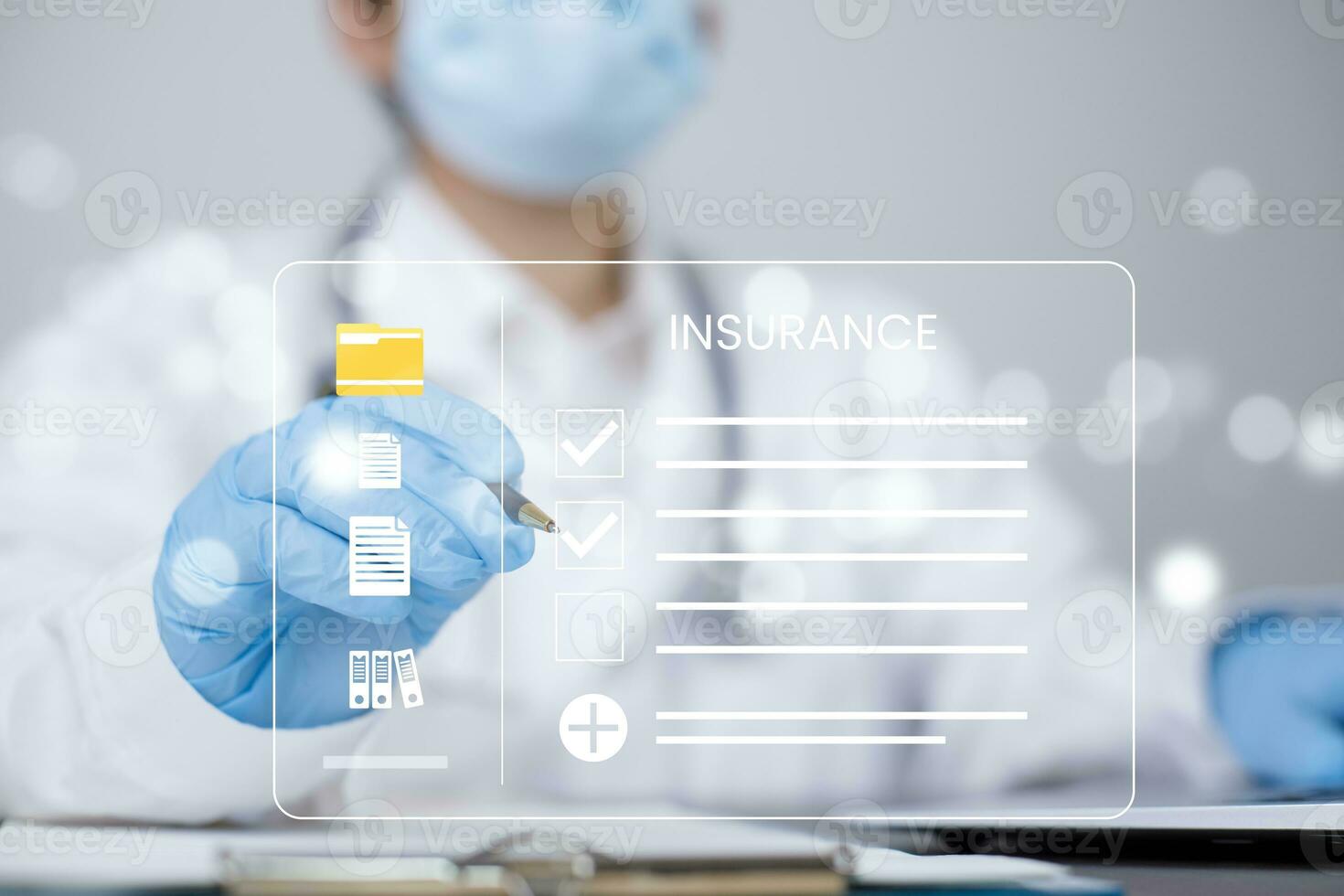 Woman Doctor uses a pen checkbox for the Health insurance evaluation form, Hospital documents. Medical insurance forms, Doctor paperwork, Health Status concept, Documents refund of health insurance photo