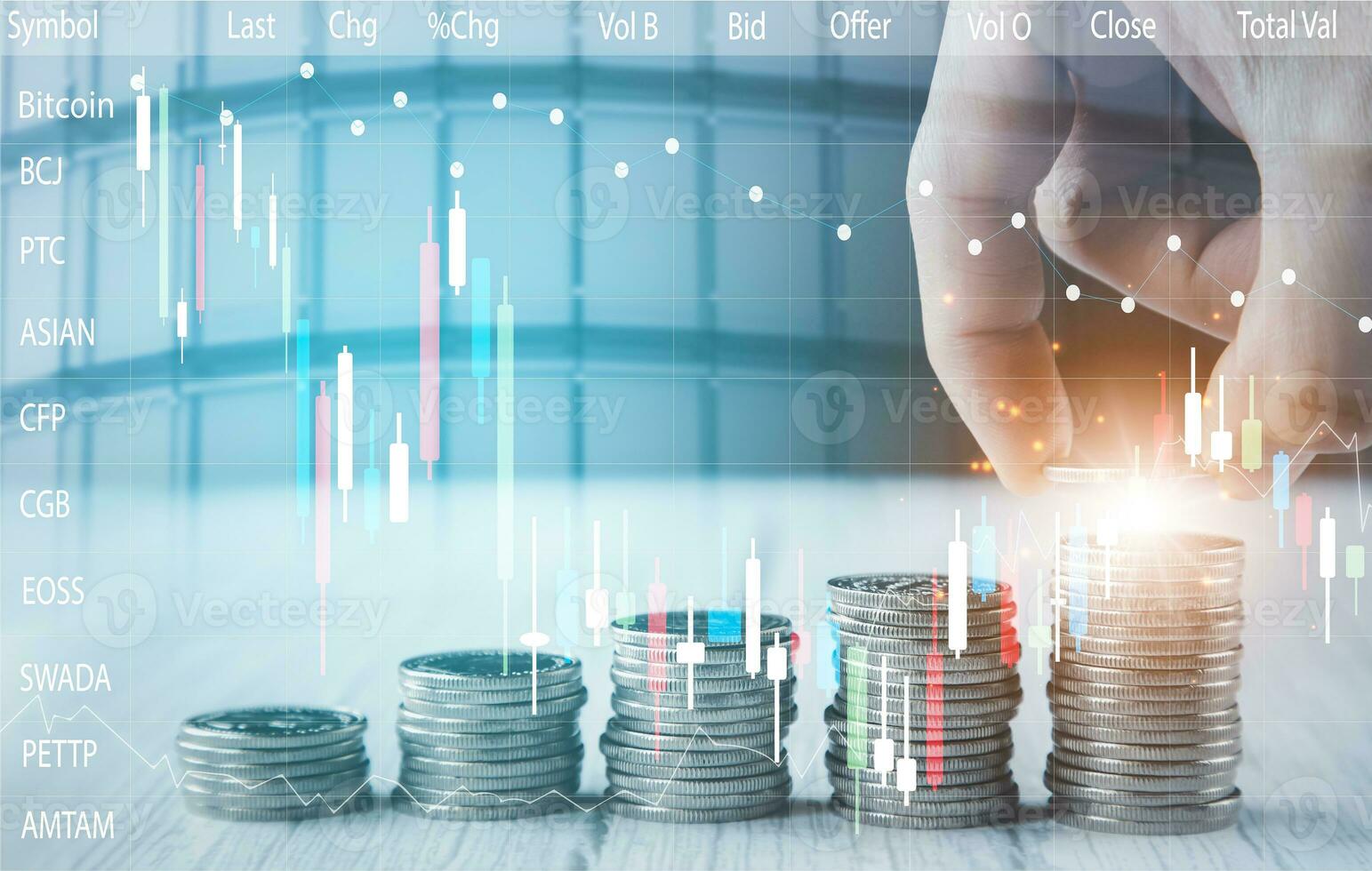 Saving Bank for Business Finance concept, coin and rows growth, Stock market or forex trading graph and candlestick chart suitable for financial investment money, currency exchange background photo