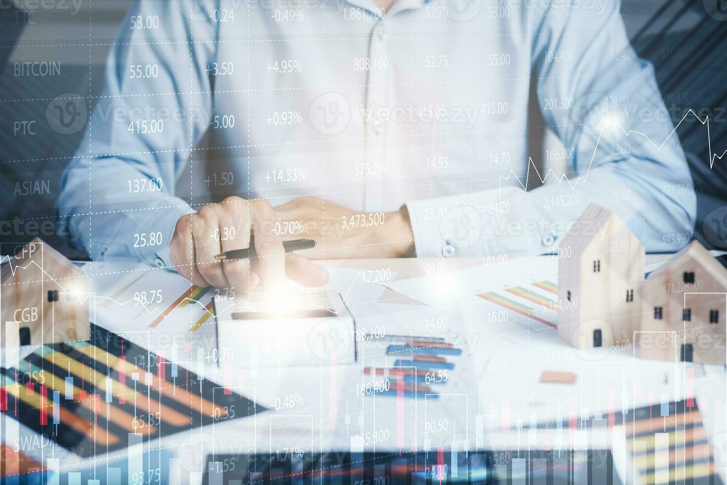 Concept financial transactions online,  businessman holding pen and point at financial analyzing data while discussion, planning brand promotion budget, raising company awareness in social media photo